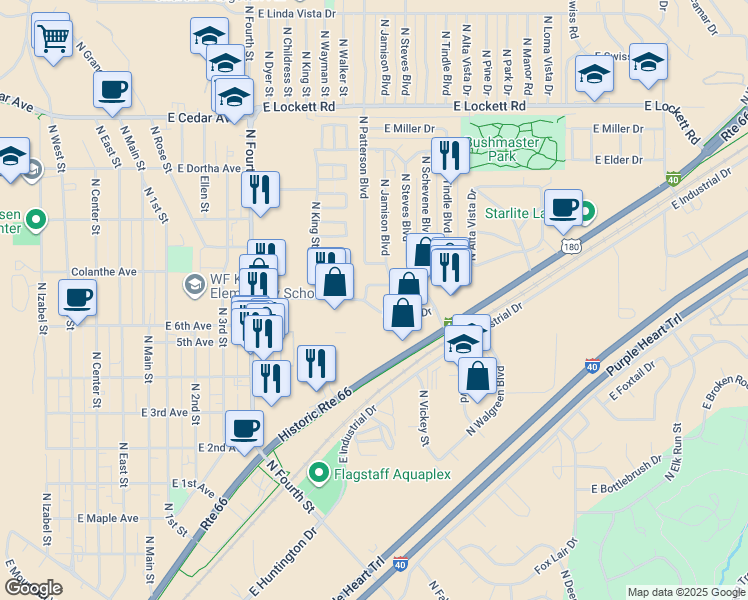 map of restaurants, bars, coffee shops, grocery stores, and more near 2718 East Lakin Drive in Flagstaff