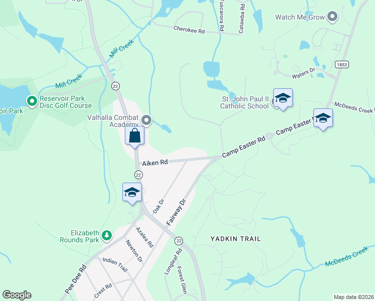map of restaurants, bars, coffee shops, grocery stores, and more near 360 Aiken Road in Southern Pines