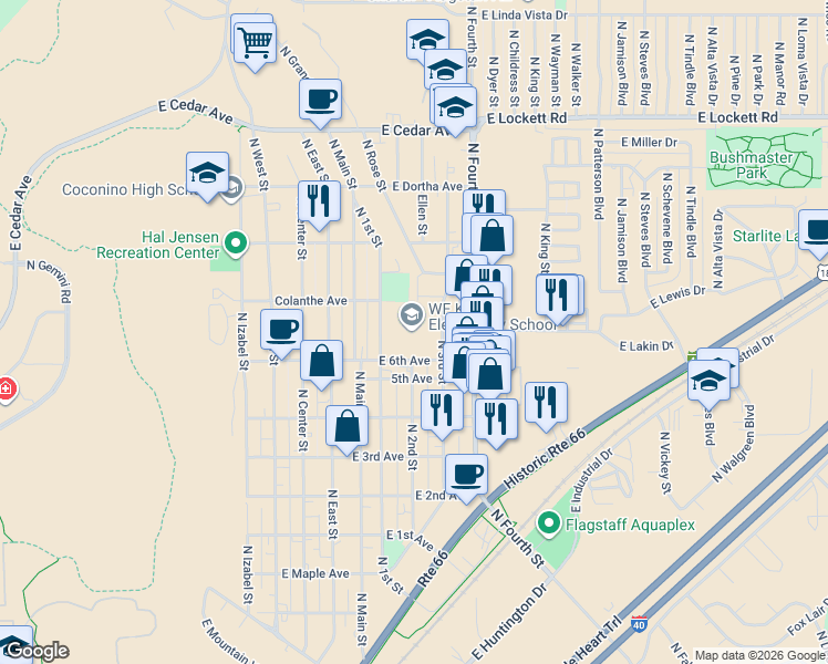 map of restaurants, bars, coffee shops, grocery stores, and more near 2300 East 6th Avenue in Flagstaff