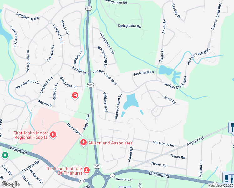 map of restaurants, bars, coffee shops, grocery stores, and more near 3 Shenecossett Lane in Pinehurst