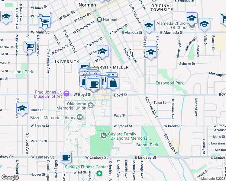map of restaurants, bars, coffee shops, grocery stores, and more near 765 Jenkins Avenue in Norman