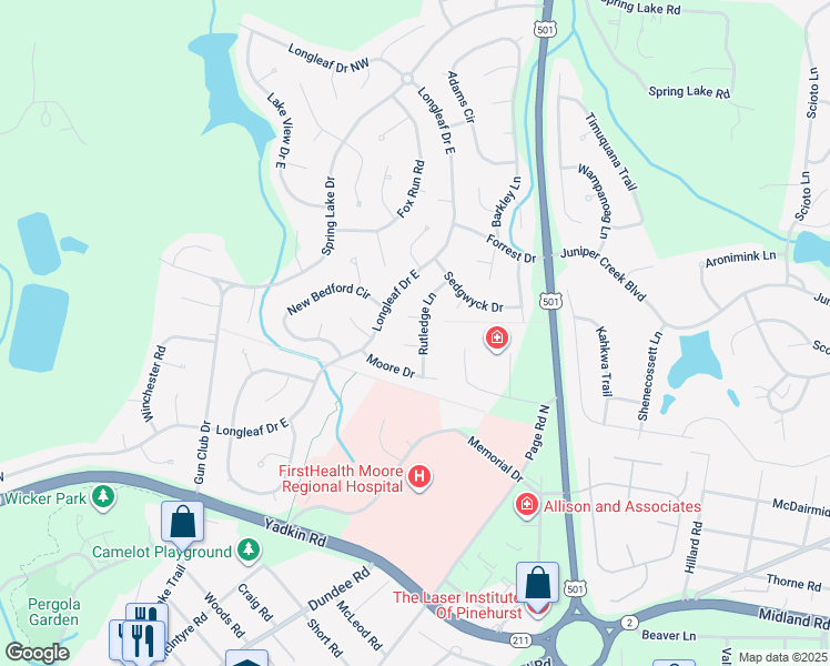 map of restaurants, bars, coffee shops, grocery stores, and more near 45 Rutledge Lane in Pinehurst