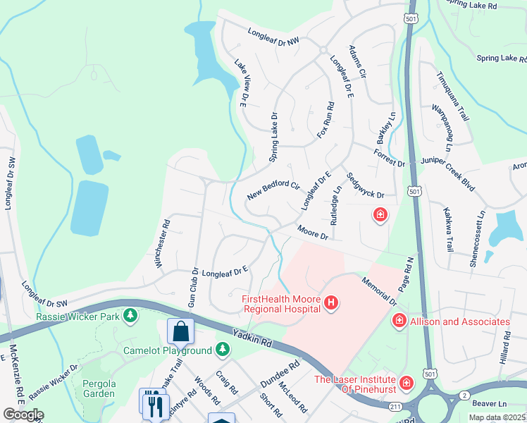 map of restaurants, bars, coffee shops, grocery stores, and more near 1 Scott Court in Pinehurst