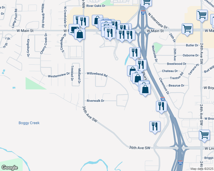 map of restaurants, bars, coffee shops, grocery stores, and more near 3401 Riverwalk Court in Norman