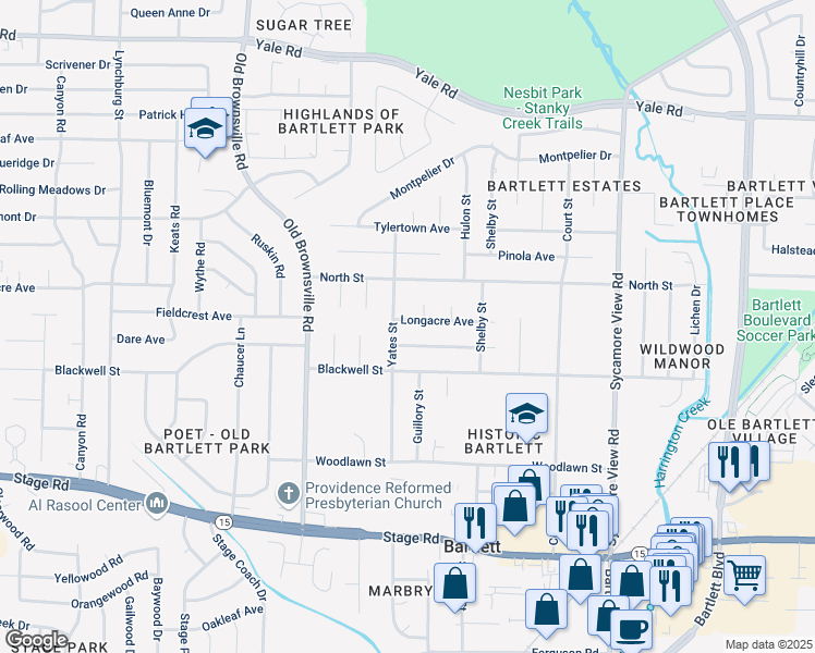 map of restaurants, bars, coffee shops, grocery stores, and more near 5601 Longacre Avenue in Bartlett