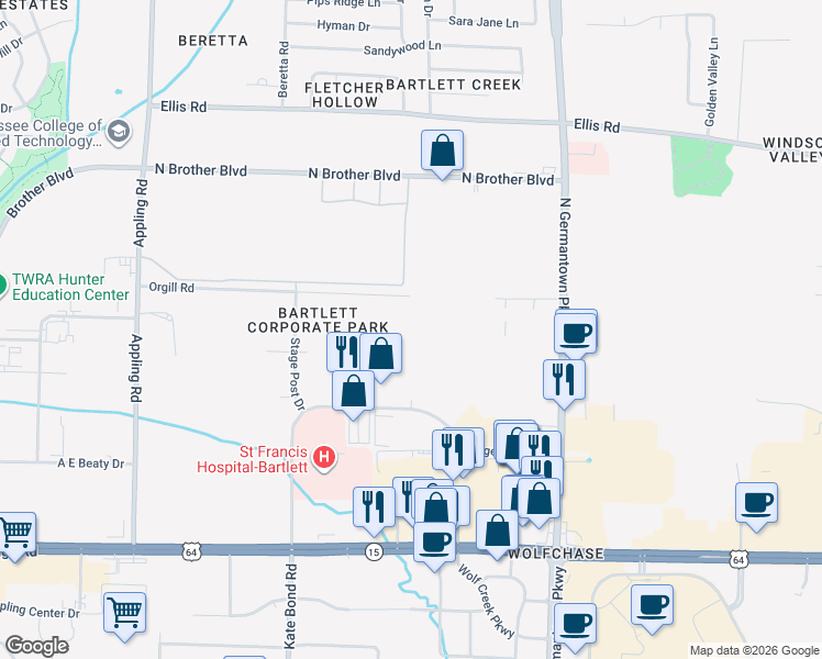 map of restaurants, bars, coffee shops, grocery stores, and more near 7851 Orgill Road in Memphis