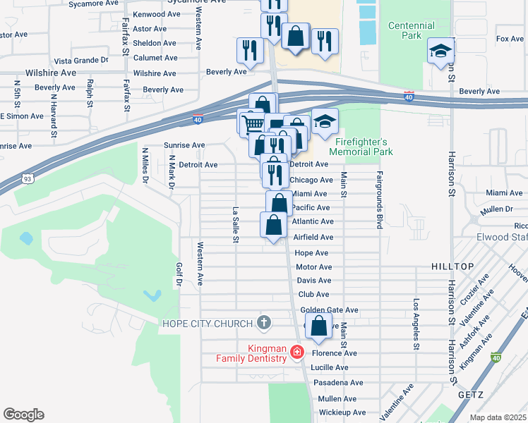 map of restaurants, bars, coffee shops, grocery stores, and more near 1840 Pacific Avenue in Kingman