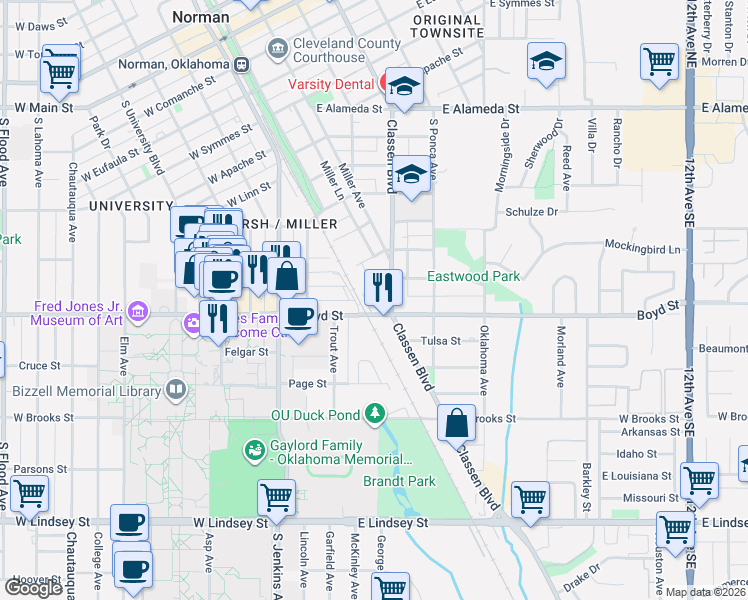 map of restaurants, bars, coffee shops, grocery stores, and more near in Norman