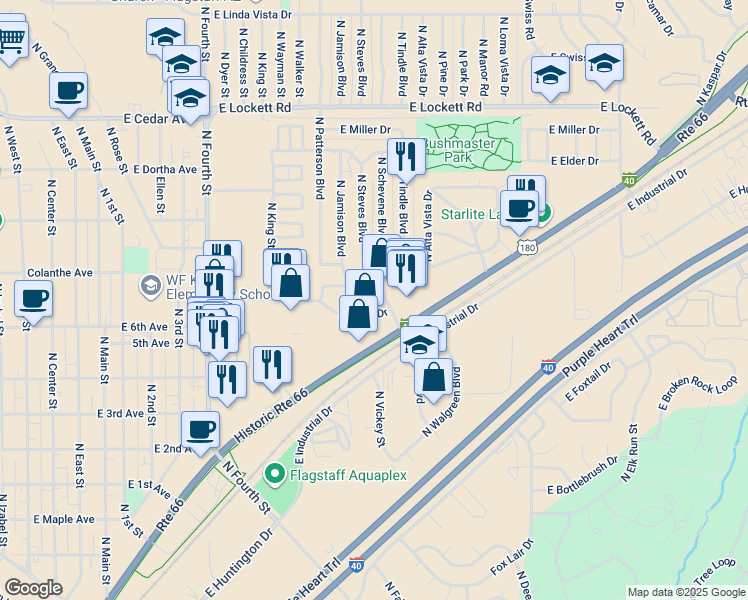 map of restaurants, bars, coffee shops, grocery stores, and more near 2717 North Steves Boulevard in Flagstaff