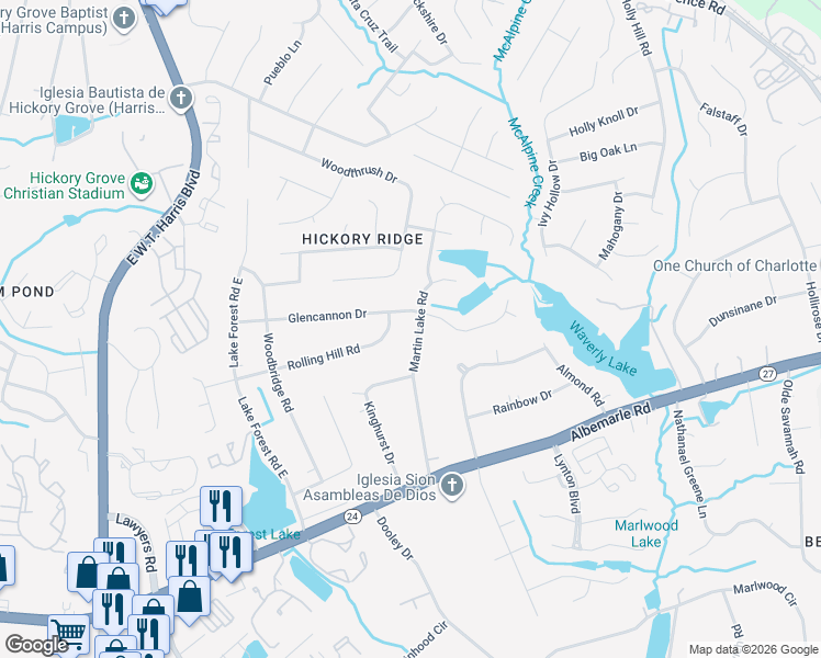 map of restaurants, bars, coffee shops, grocery stores, and more near 6010 Martin Lake Road in Charlotte