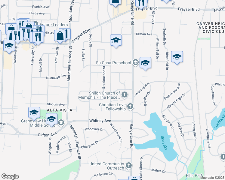 map of restaurants, bars, coffee shops, grocery stores, and more near 3131 North Trezevant Street in Memphis