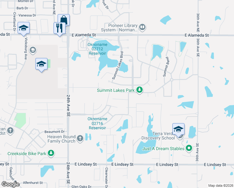 map of restaurants, bars, coffee shops, grocery stores, and more near 36TH Short A Rosa in Norman