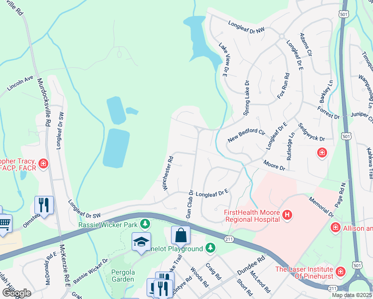 map of restaurants, bars, coffee shops, grocery stores, and more near 7 Gilmore Road in Pinehurst