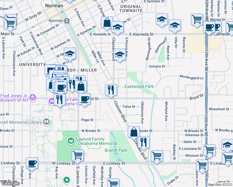 map of restaurants, bars, coffee shops, grocery stores, and more near 1215 Classen Boulevard in Norman