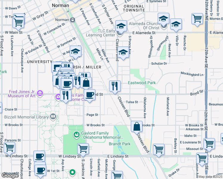 map of restaurants, bars, coffee shops, grocery stores, and more near 401 Boyd Street in Norman