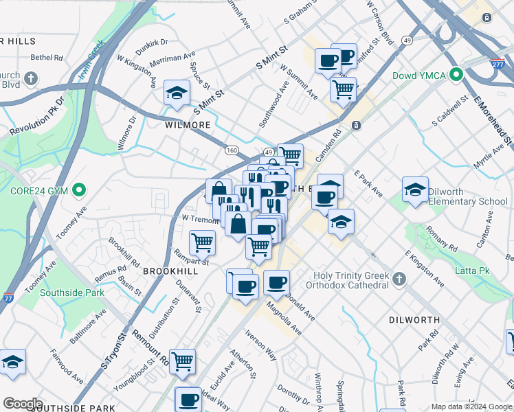 map of restaurants, bars, coffee shops, grocery stores, and more near 1932 Hawkins Street in Charlotte