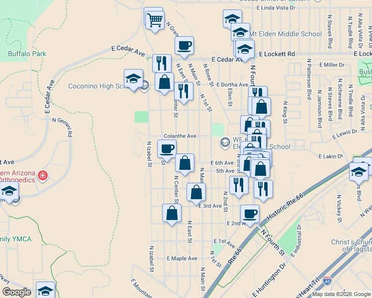 map of restaurants, bars, coffee shops, grocery stores, and more near 1916 East 6th Avenue in Flagstaff