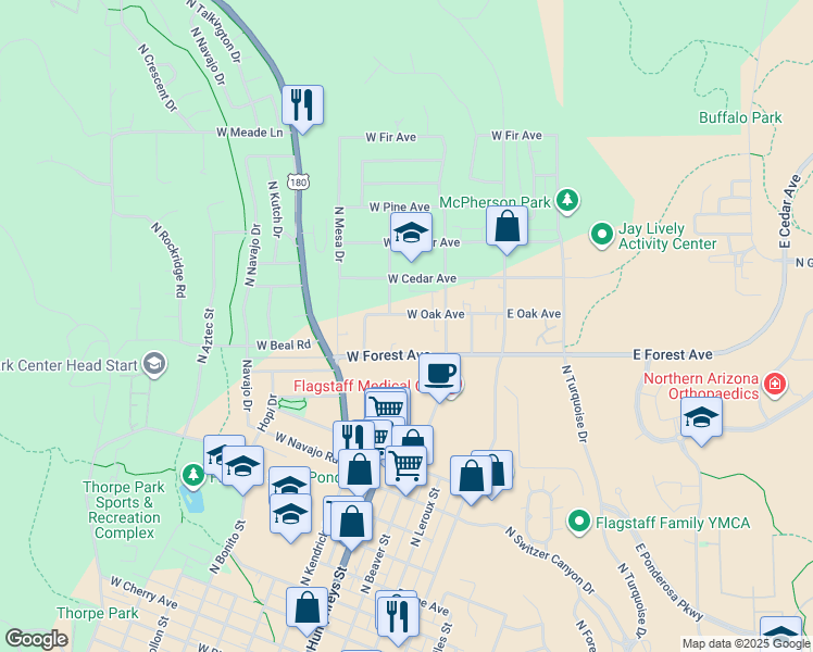map of restaurants, bars, coffee shops, grocery stores, and more near 310 West Forest Avenue in Flagstaff