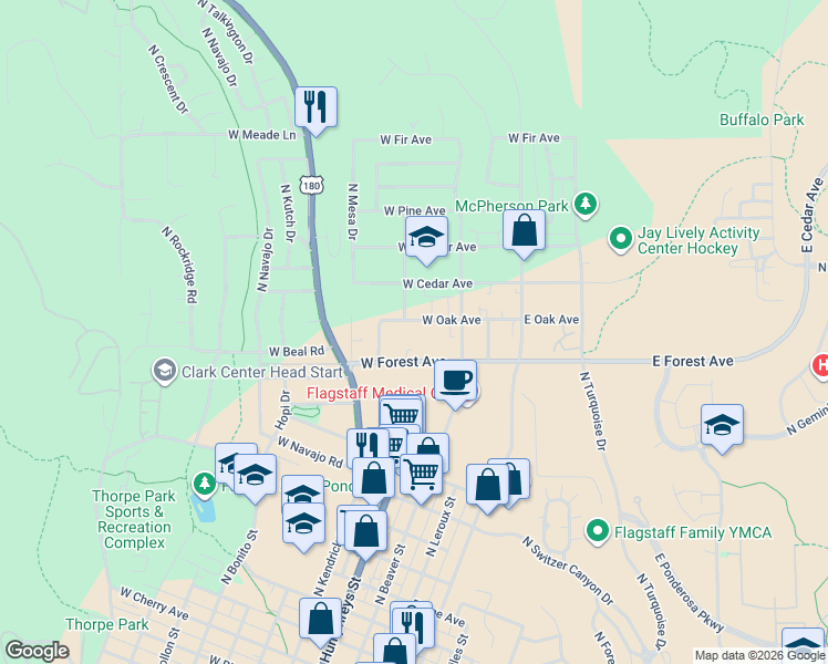 map of restaurants, bars, coffee shops, grocery stores, and more near 310 West Forest Avenue in Flagstaff