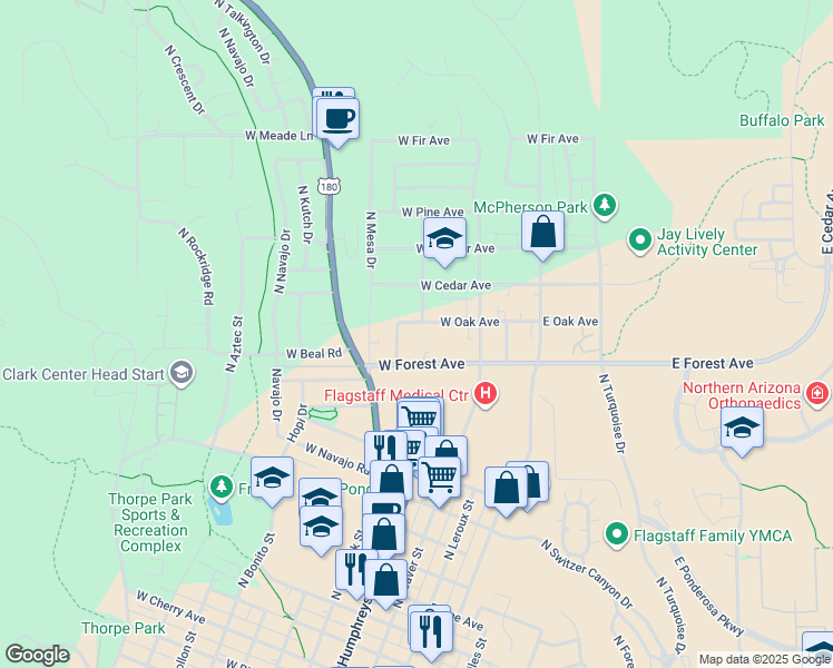 map of restaurants, bars, coffee shops, grocery stores, and more near 310 West Forest Avenue in Flagstaff