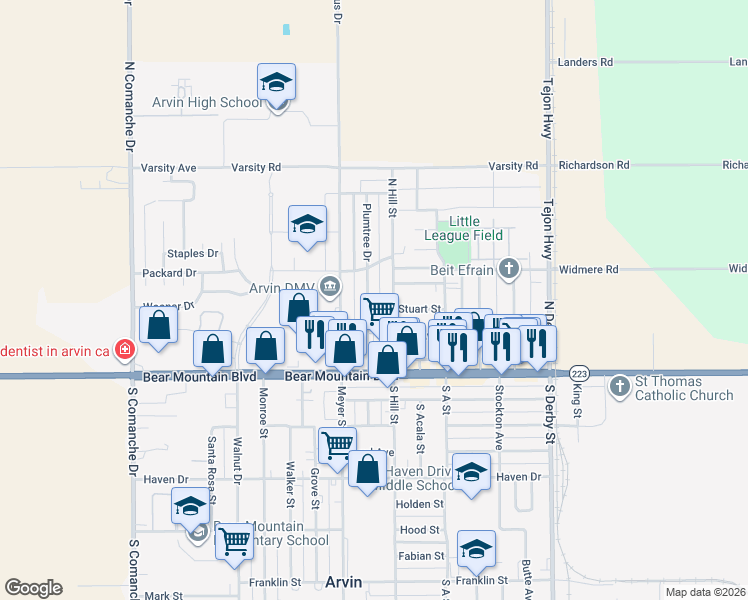 map of restaurants, bars, coffee shops, grocery stores, and more near 305 North Hill Street in Arvin