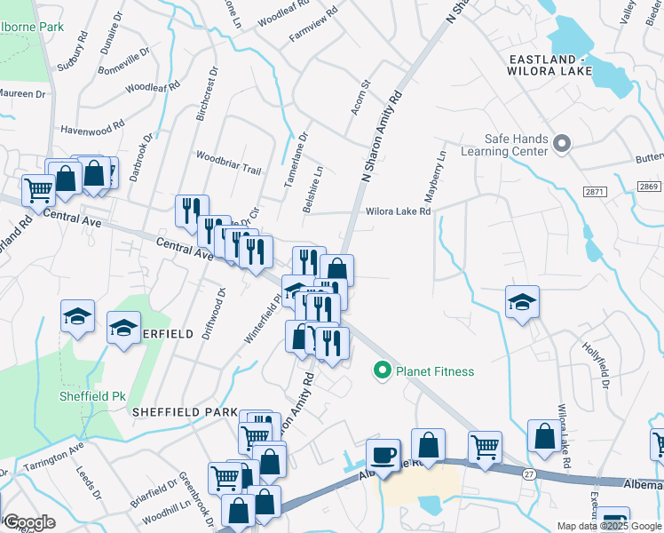 map of restaurants, bars, coffee shops, grocery stores, and more near 3717b North Sharon Amity Road in Charlotte