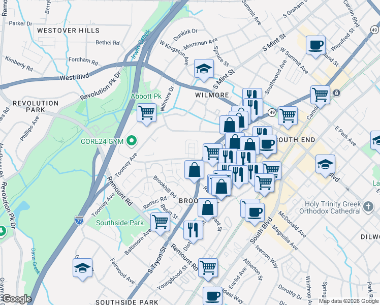 map of restaurants, bars, coffee shops, grocery stores, and more near in Charlotte