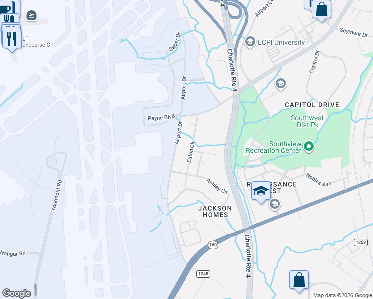 map of restaurants, bars, coffee shops, grocery stores, and more near 5305 Airport Drive in Charlotte