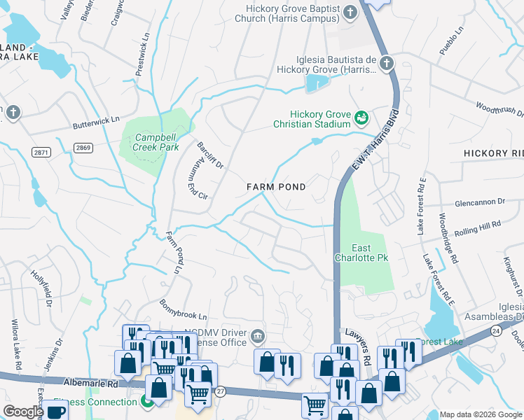 map of restaurants, bars, coffee shops, grocery stores, and more near 4807 Muskogee Drive in Charlotte