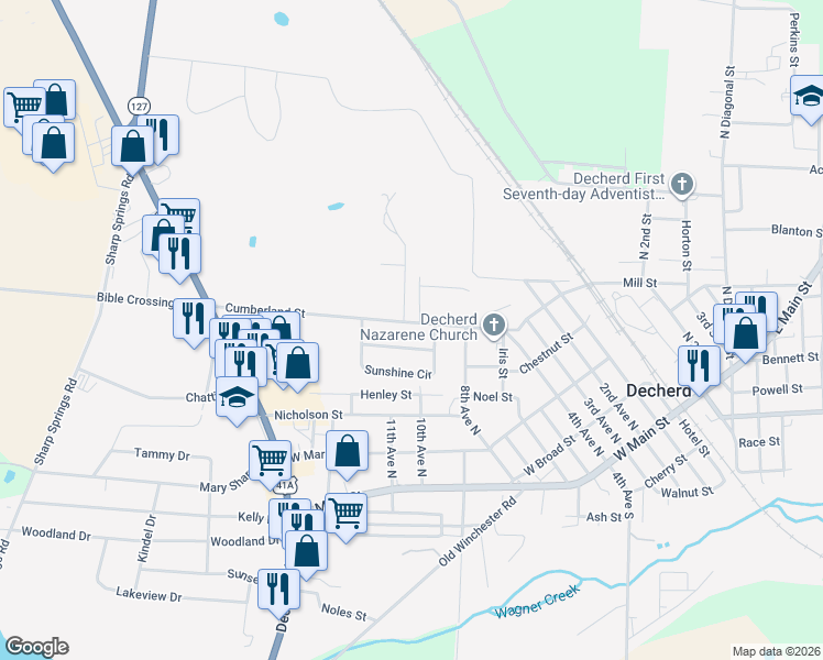 map of restaurants, bars, coffee shops, grocery stores, and more near 65 Sunshine Drive in Decherd