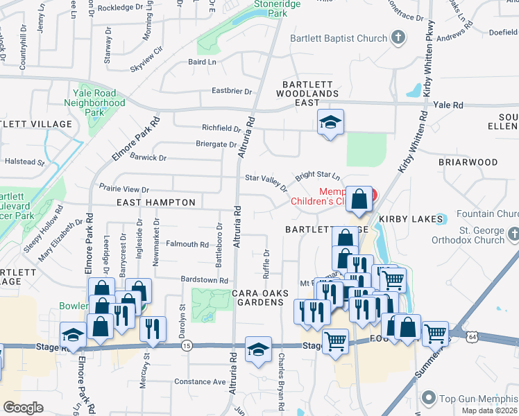 map of restaurants, bars, coffee shops, grocery stores, and more near 6487 Star Ridge Drive in Bartlett