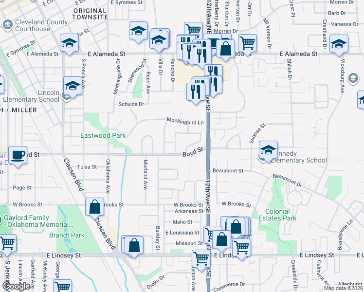 map of restaurants, bars, coffee shops, grocery stores, and more near 1322 Dustin Drive in Norman