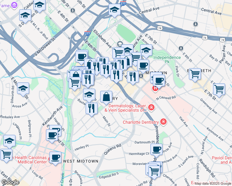 map of restaurants, bars, coffee shops, grocery stores, and more near 304 Baldwin Avenue in Charlotte