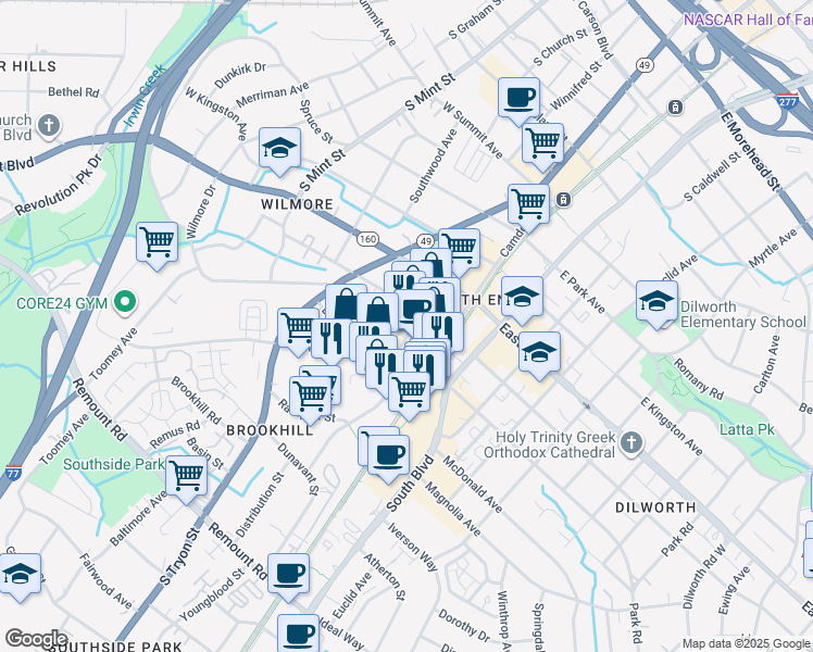 map of restaurants, bars, coffee shops, grocery stores, and more near 200 West Tremont Avenue in Charlotte