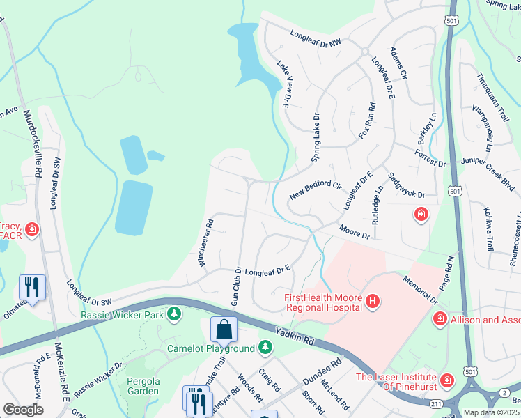 map of restaurants, bars, coffee shops, grocery stores, and more near 9 Love Lane in Pinehurst