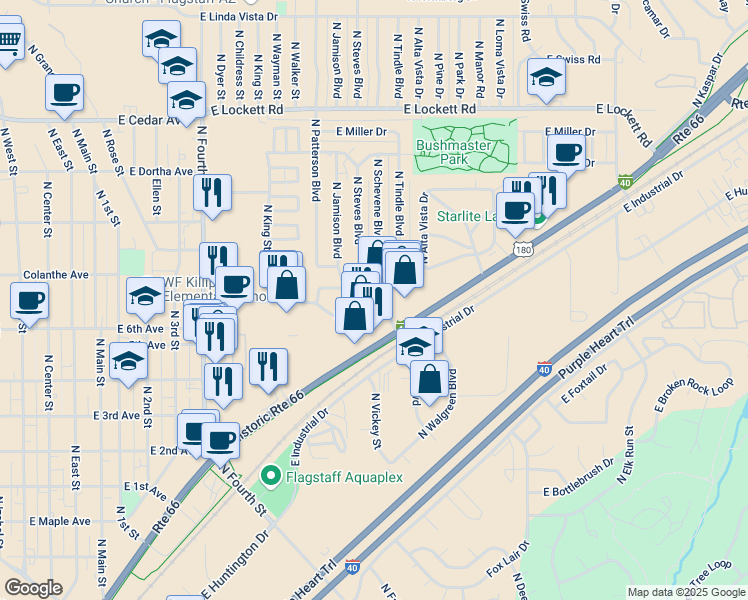 map of restaurants, bars, coffee shops, grocery stores, and more near 2717 North Steves Boulevard in Flagstaff