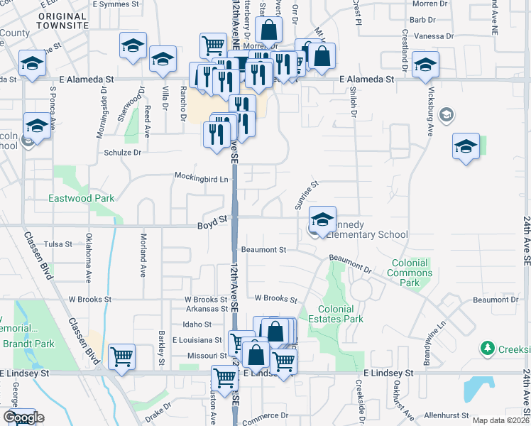 map of restaurants, bars, coffee shops, grocery stores, and more near 603 Albany Place in Norman