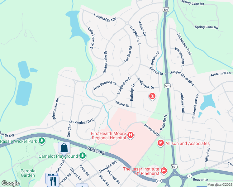 map of restaurants, bars, coffee shops, grocery stores, and more near 1680 Longleaf Drive East in Pinehurst