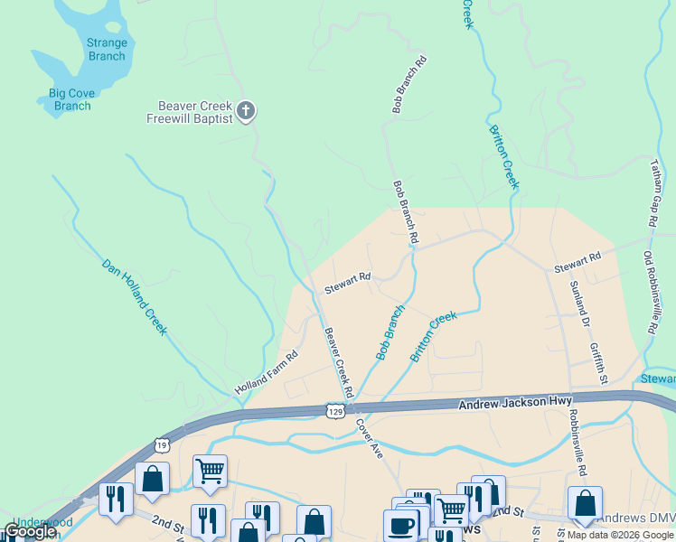 map of restaurants, bars, coffee shops, grocery stores, and more near 65 Stewart Road in Andrews