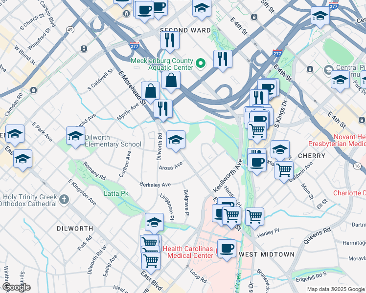 map of restaurants, bars, coffee shops, grocery stores, and more near 1051 East Morehead Street in Charlotte