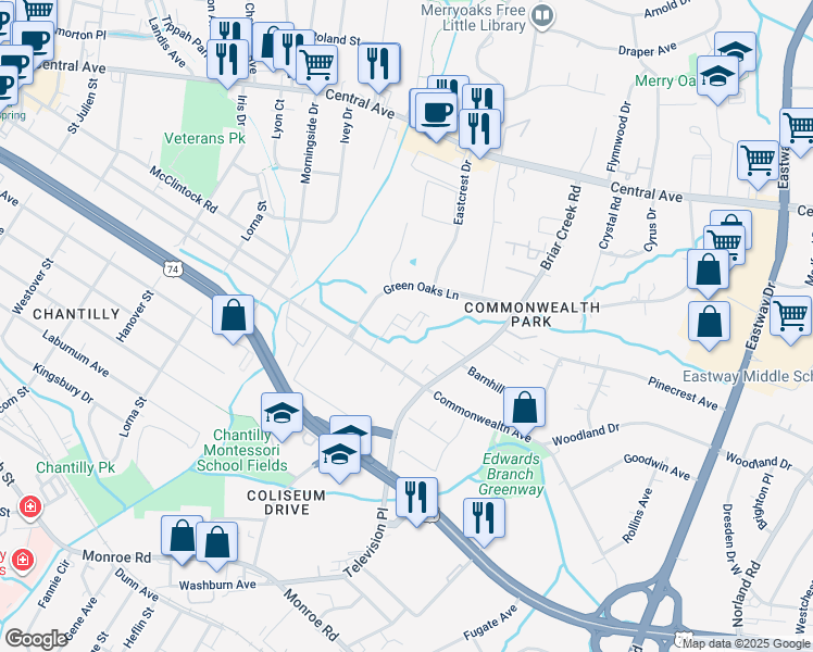 map of restaurants, bars, coffee shops, grocery stores, and more near 1330 Green Oaks Lane in Charlotte