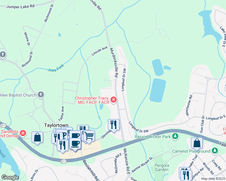 map of restaurants, bars, coffee shops, grocery stores, and more near 4138 Murdocksville Road in Pinehurst