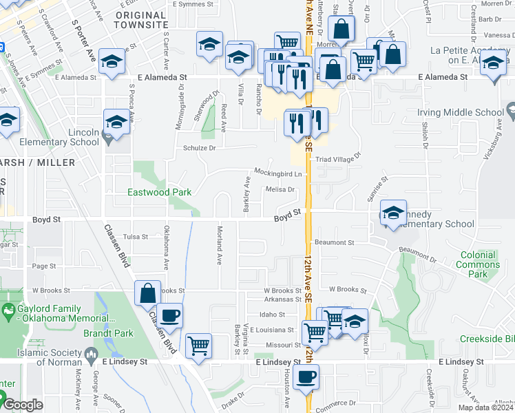 map of restaurants, bars, coffee shops, grocery stores, and more near 1300 Melisa Drive in Norman