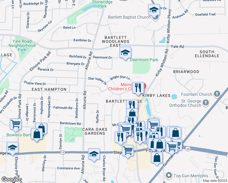 map of restaurants, bars, coffee shops, grocery stores, and more near 3185 Star Gaze Cove in Bartlett