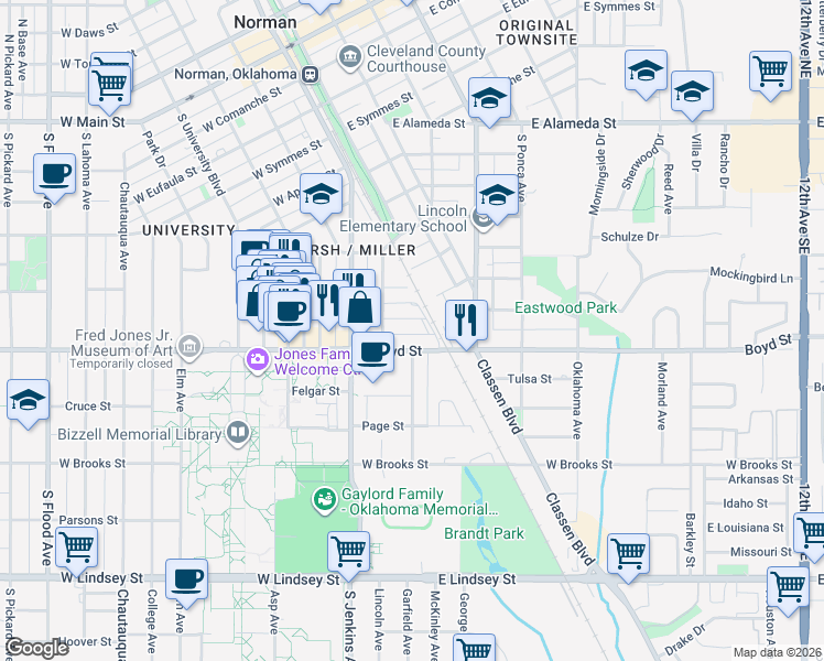 map of restaurants, bars, coffee shops, grocery stores, and more near 227 McCullough Street in Norman
