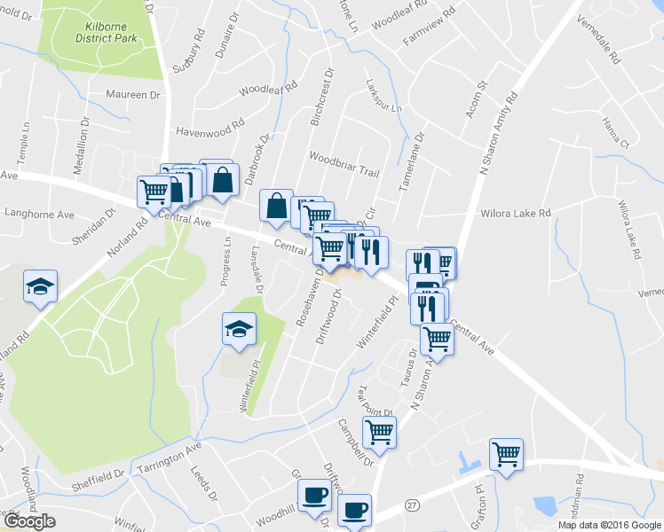map of restaurants, bars, coffee shops, grocery stores, and more near 4800 Central Avenue in Charlotte