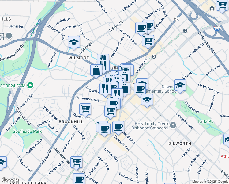 map of restaurants, bars, coffee shops, grocery stores, and more near 1817 Hawkins Street in Charlotte