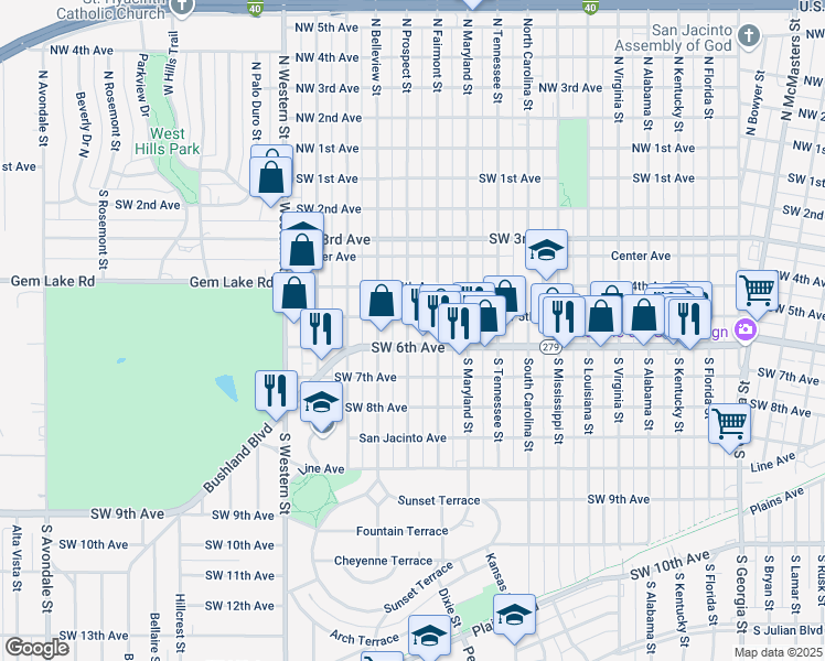 map of restaurants, bars, coffee shops, grocery stores, and more near 505 South Prospect Street in Amarillo