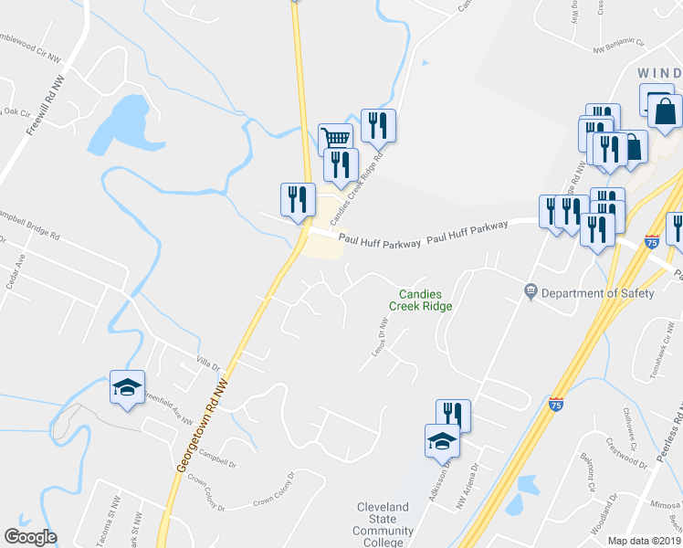 map of restaurants, bars, coffee shops, grocery stores, and more near 1917 Pinewood Cove in Cleveland