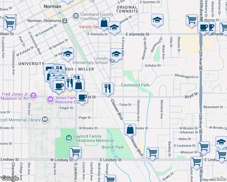 map of restaurants, bars, coffee shops, grocery stores, and more near 505 Boyd Street in Norman